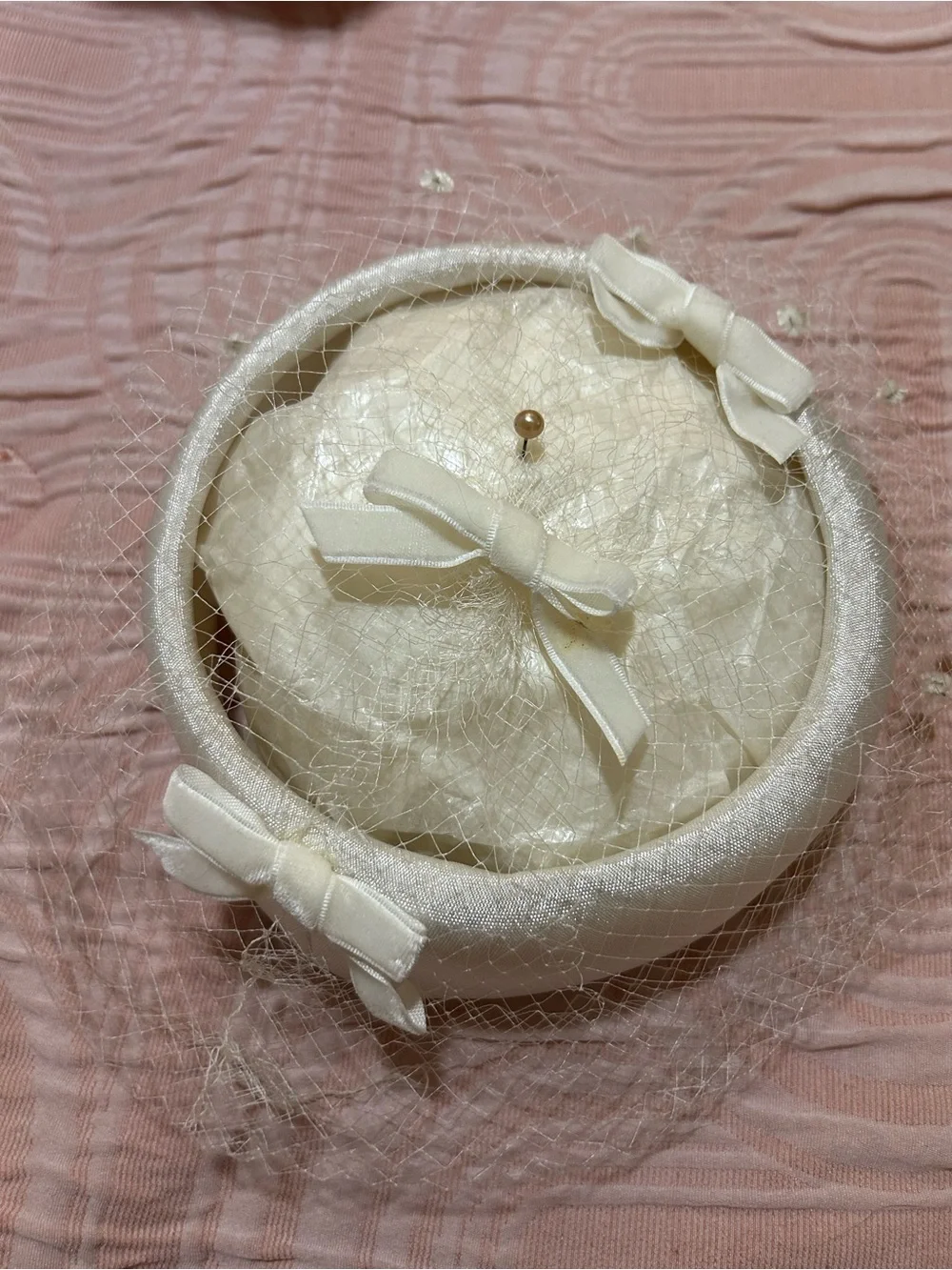 Vintage Ivory Satin Veiled Pillbox Hat with Bows